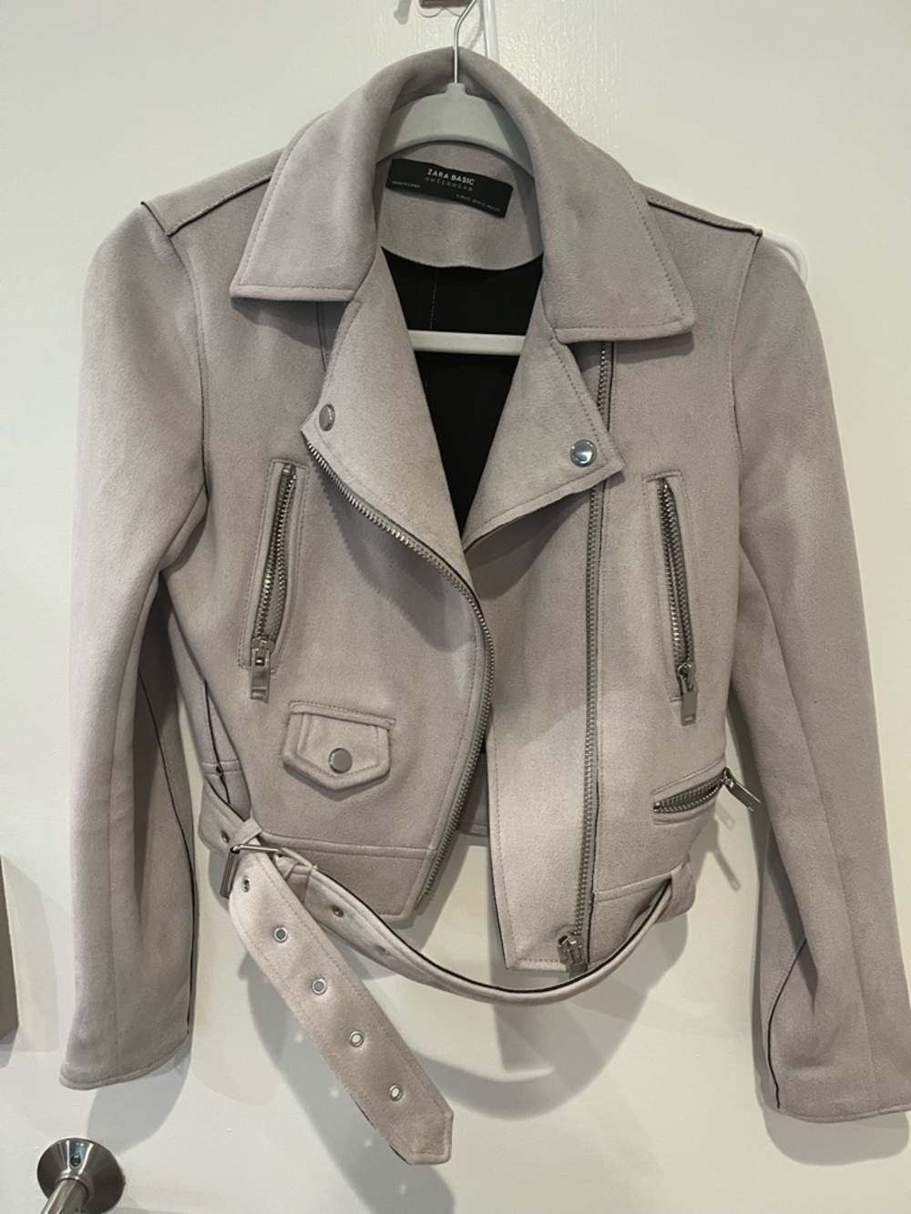 ZARA Basic Faux Suede Moto Jacket XS Beige Cropped Belted